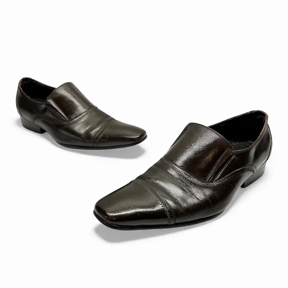 Gucci Mens Dark Brown Leather Square Toe Slip On Dress Shoes Made in Italy Sz 40